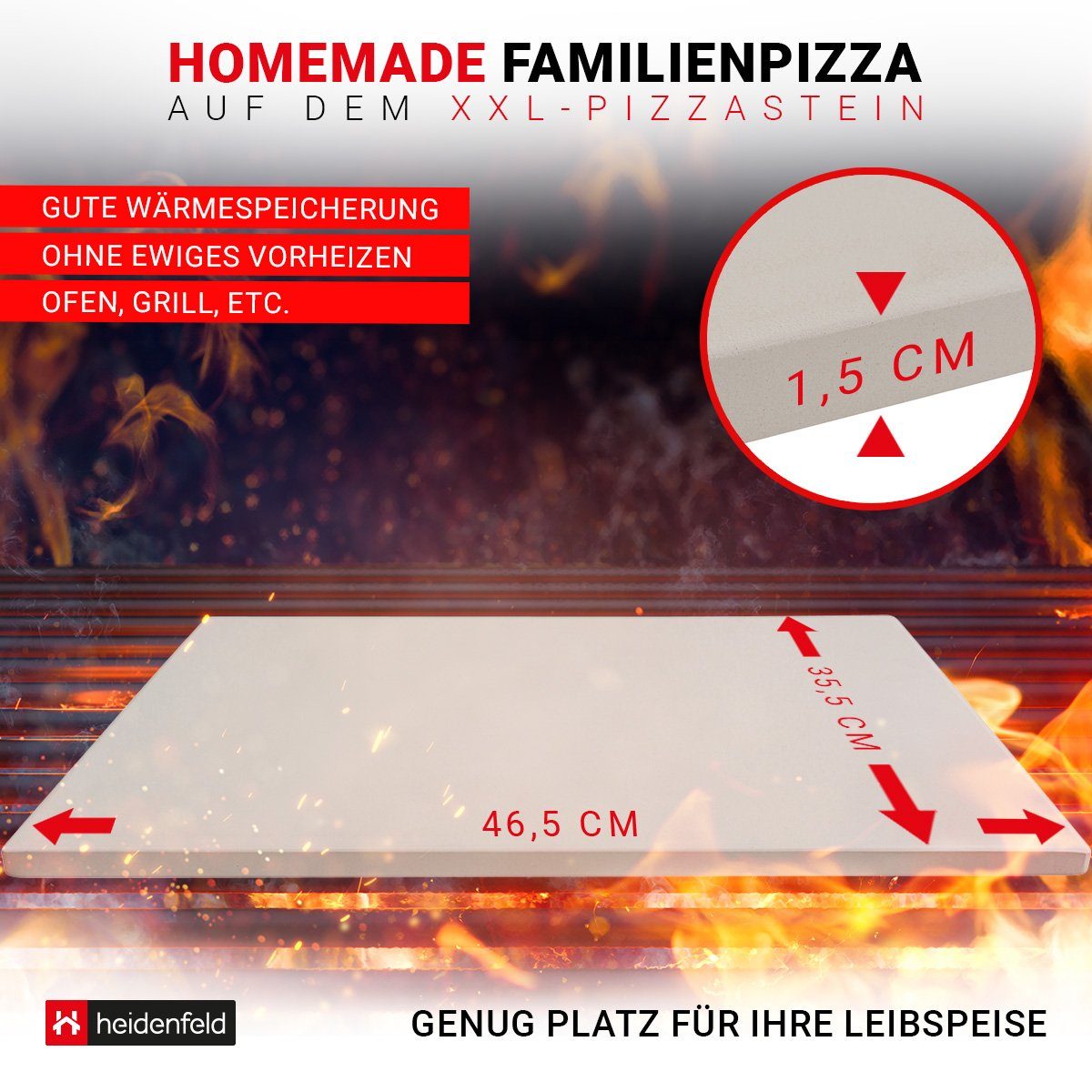 Heidenfeld Pizzastein XXL für Backofen 46,5 x 35,5 x 1,5 cm - Deutsche Qualitätsmarke, Cordierit, (rechteckig, 1-St., rechteckig Pizzastein für Grill), Cordierit - Gasgrill - Steinplatte
