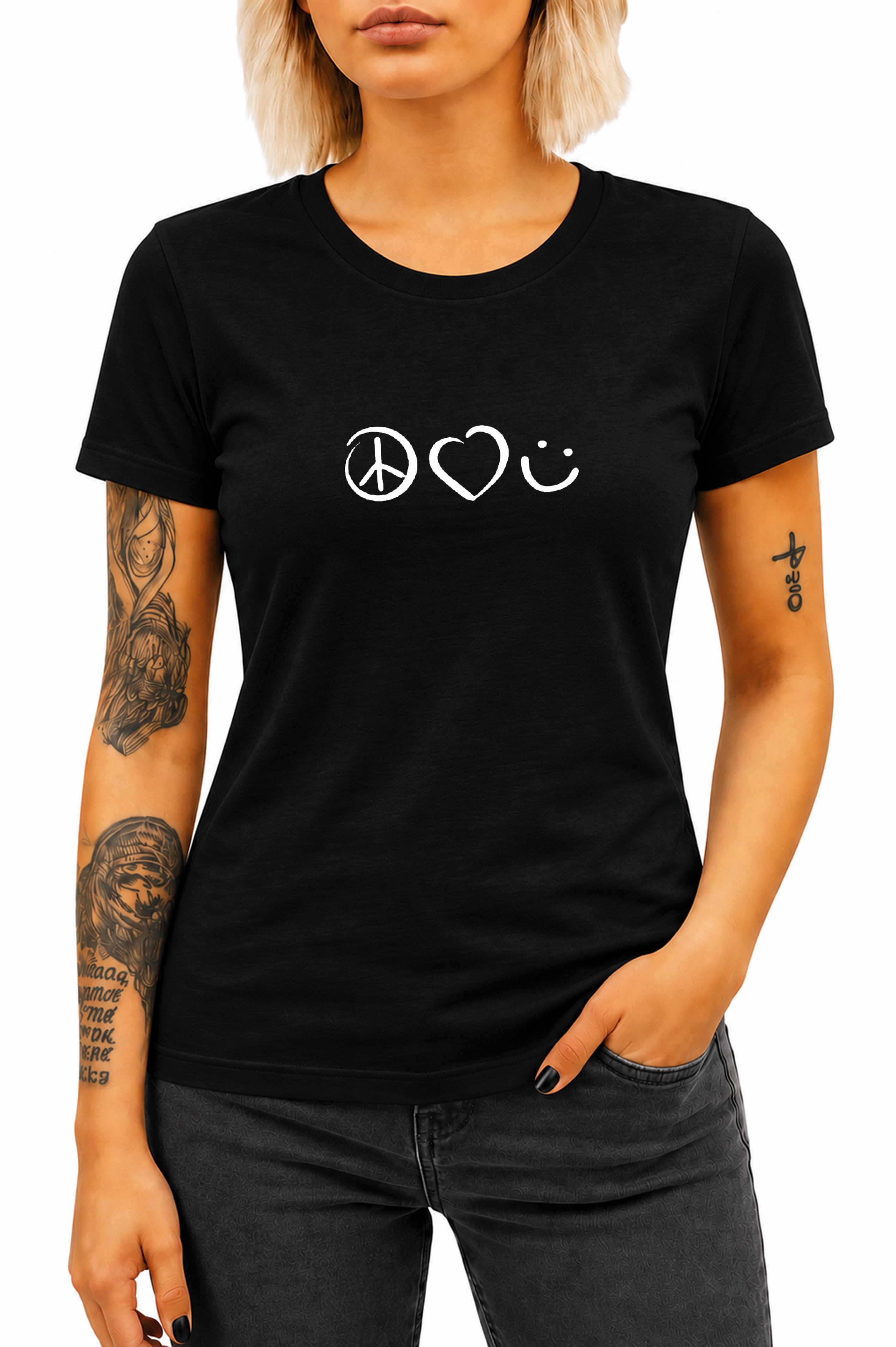 Banco T-Shirt Damen Peace Love Smile Printshirt Rundhals Kurzarm 100% Baumwolle