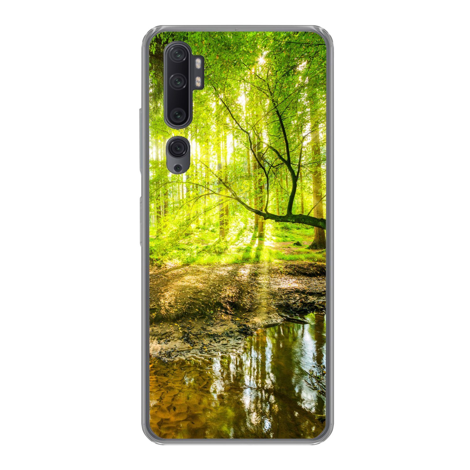 MuchoWow Handyhülle für Xiaomi Mi Note 10 Wald - Landschaft - Wasser - Bäume - Sonne - Grü