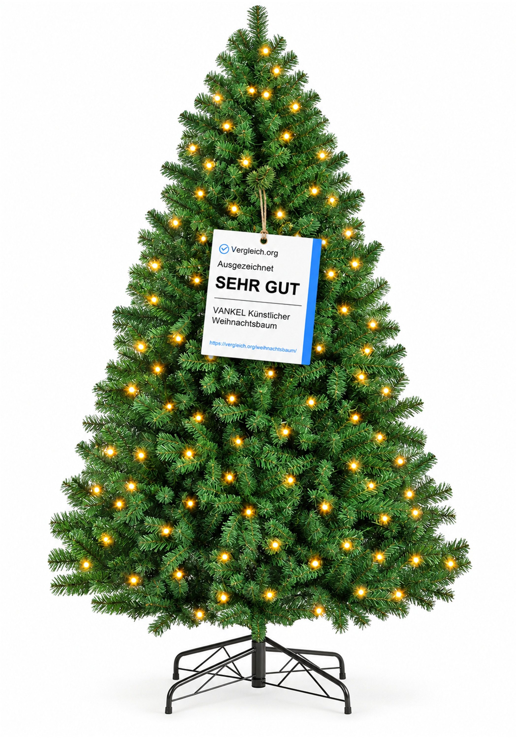 Vankel Künstlicher Weihnachtsbaum mit Beleuchtung, grüner Tannenbaum mit Metallständer, Weihnachtsdeko, Grüner Christbaum mit warmen Lichtakzenten in fünf Größen zur Wahl