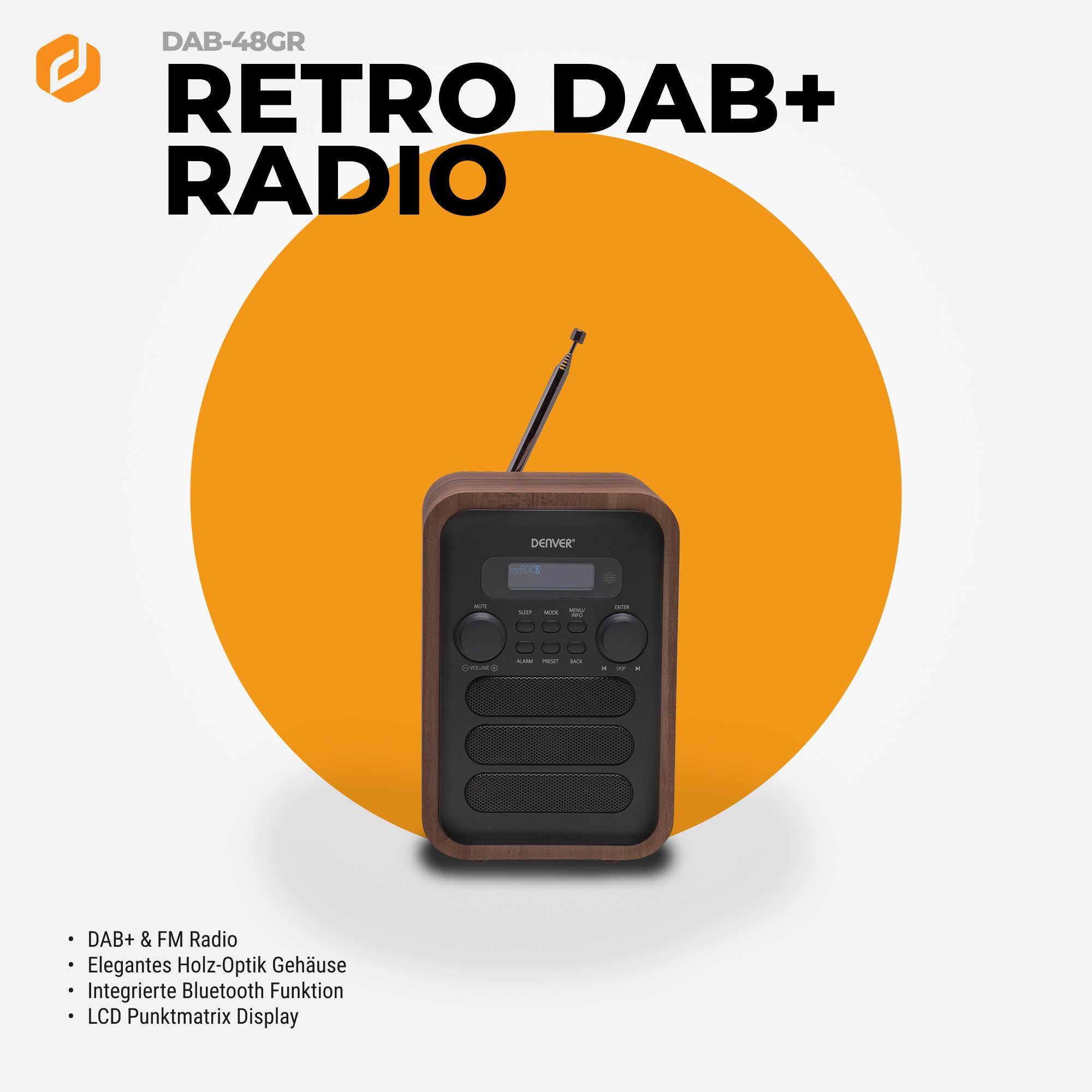 Denver DAB-48GR Digitalradio (DAB) (DAB+, FM, 2.5 W, Bluetooth, DOT-Matrix LCD, 3.5 mm Kopfhörer-Ausgang, 40+40 Presets)