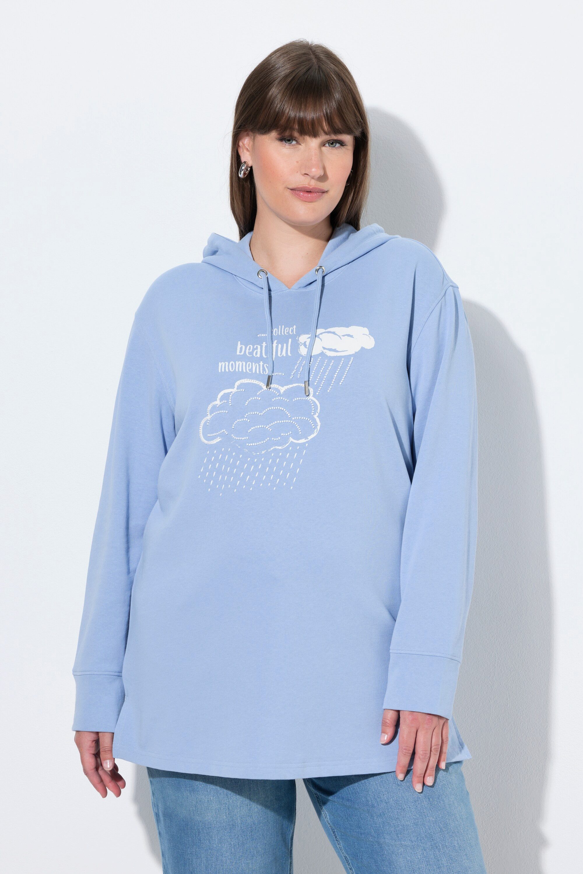 Ulla Popken Sweatshirt Hoodie Zierperlen Kapuze Langarm Biobaumwolle