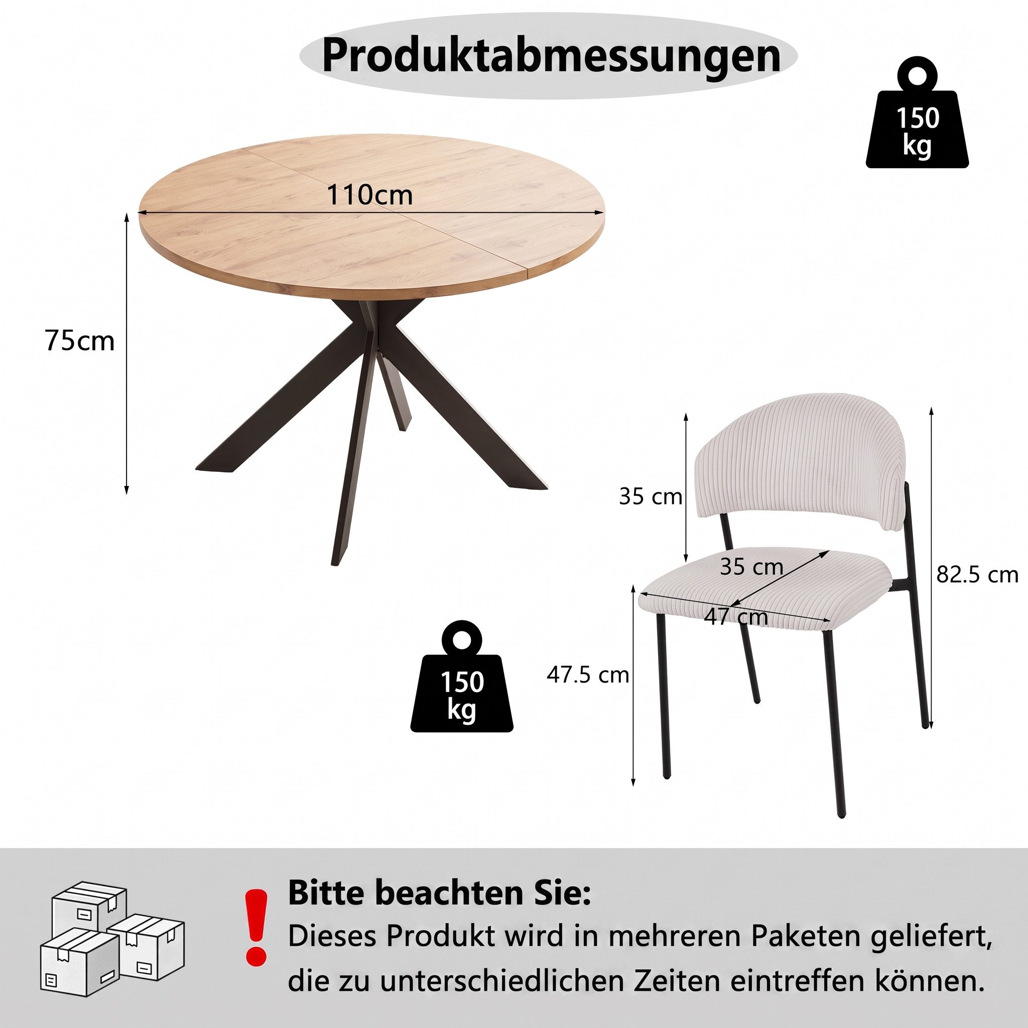 Jiexi Essgruppe Runder Esstisch 110cm MDF Set mit 4 Cord Stühlen Kreuzgestell – Bild 3 von 5