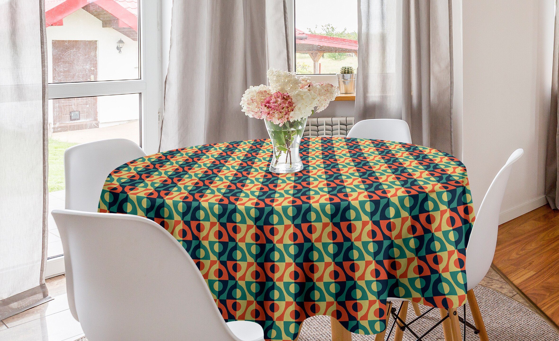 Abdeckung Rasterstil-Quadrat-Muster Kreis für Esszimmer Geometrisch Abakuhaus Tischdecke Küche Tischdecke Dekoration,