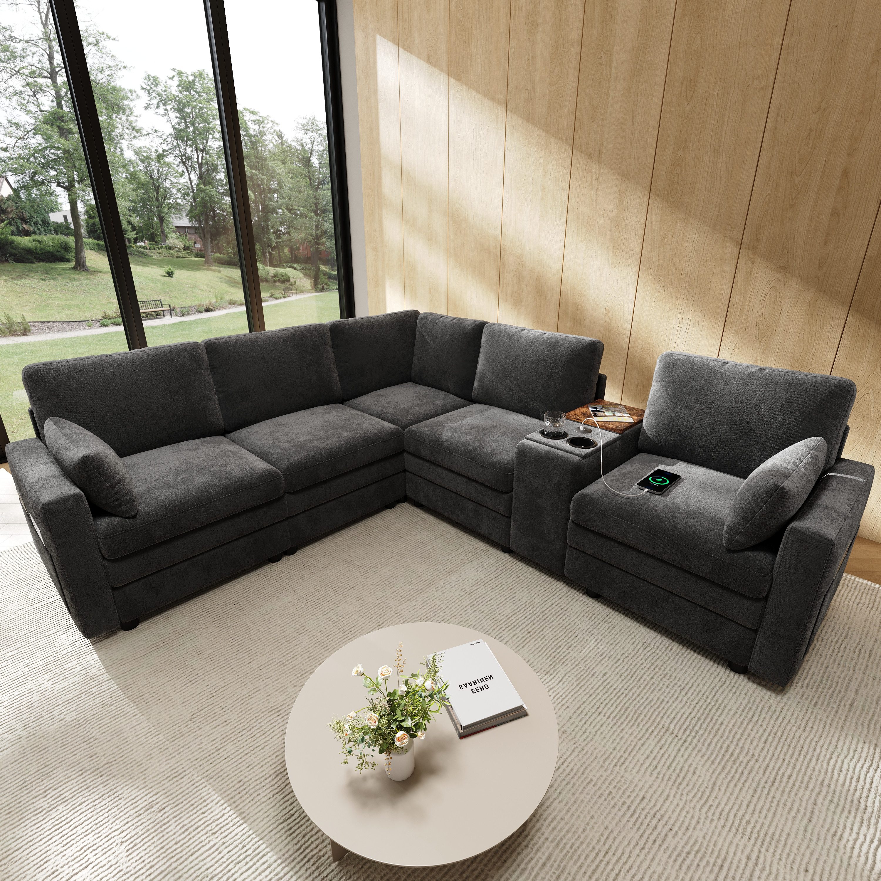 Odikalo Sofa Ecksofa Cloud Sofa mit USB und Getränkehaltern, L Form, mit Konsole, USB-Anschlüssen & Getränkehaltern, Wendbare Mittelkonsole mit Stauraum, Modulares L-Form Sofa für Wohn- und Schlafzimmer