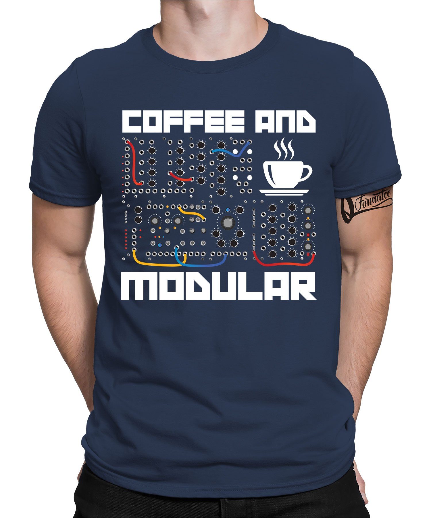 Quattro Formatee Kurzarmshirt Coffee and Modular - Elektronische Musiker Synthesizer Herren T-Shirt (1-tlg) Navy Blau