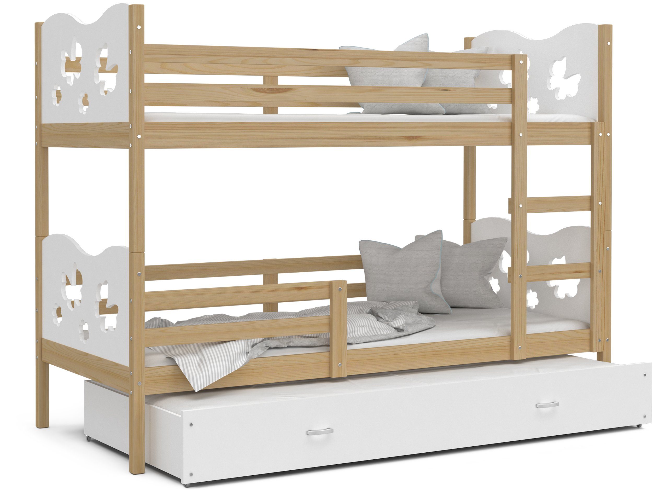 Siblo Kinderbett Lori 3 (Flexibler Weiß Kiefer Sicherheitsbarriere), Bett Lattenrost, und Möbelplatte Schublade, Massivholz