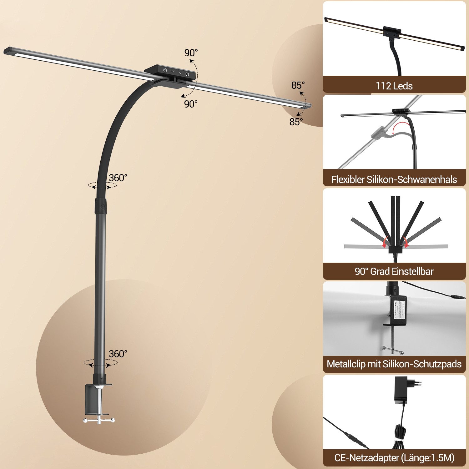 Quntis LED Schreibtischlampe 24W LED Doppelkopf Schwanenhals-Schreibtischlampe mit Klemmarm, Dimmbar, LED fest integriert, Kaltweiß/Naturweiß/Warmweiß, Schwanenhals-Büro-Tischlampe mit Fernbedienung für Home Office