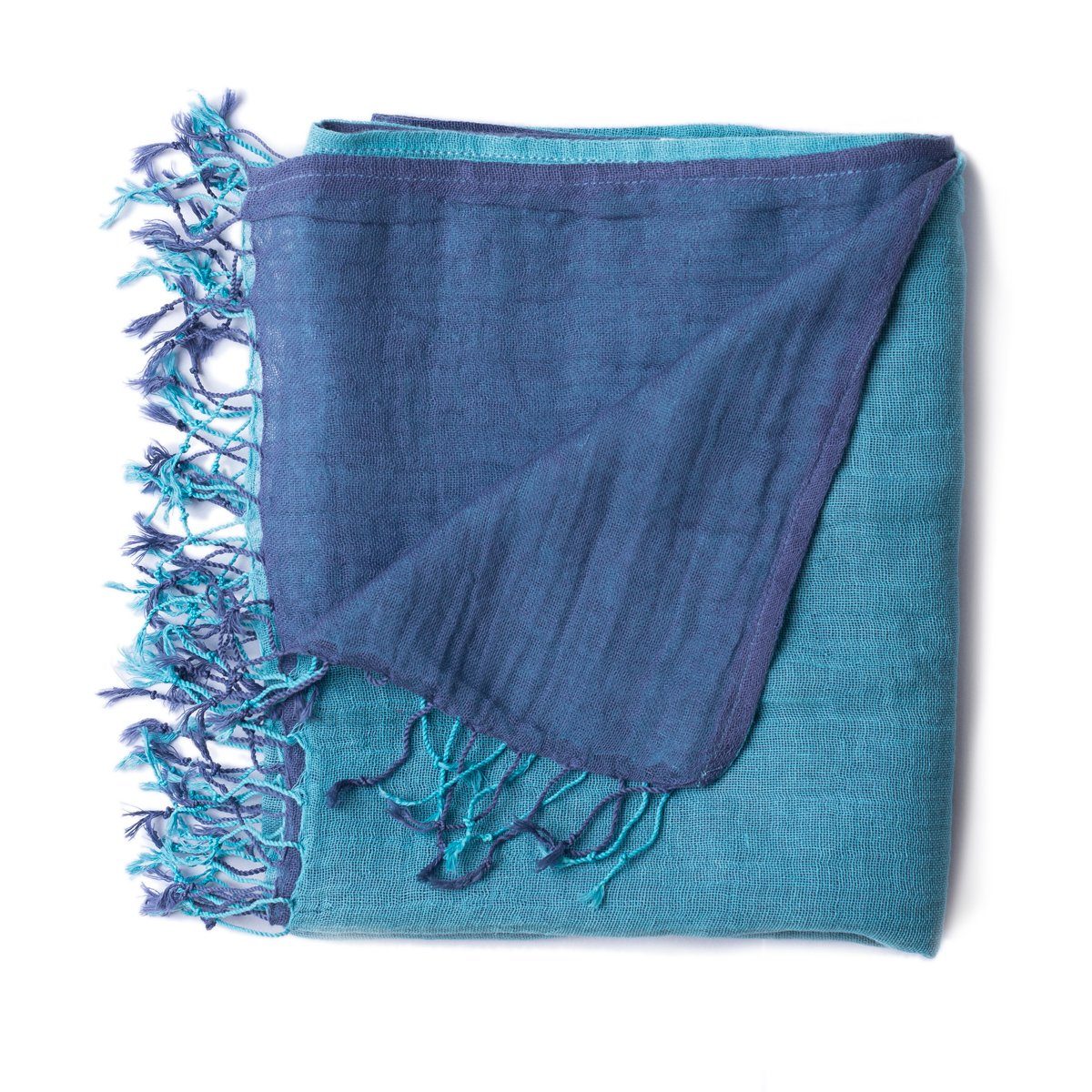 PANASIAM Halstuch elegantes Schultertuch zweifarbig auch als Schal oder Stola tragbar, in schönen farbigen Designs mit kleinen Fransen aus Baumwolle blau hellblau