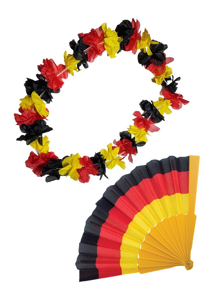 Karneval-Klamotten Kostüm Flagge Hawaiikette mit Fächer schwarz rot gold, Deutschland Fußball EM 2024 Fan Artikel Set Europameisterschaft