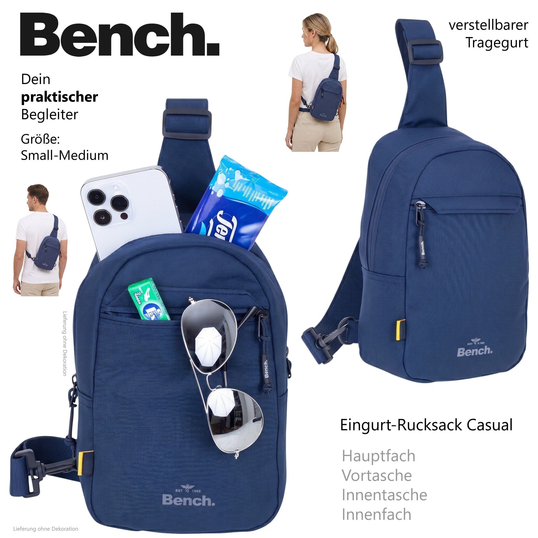 Bench. Umhängetasche Rucksack Crossbody Sling Bag Damen Herren klein, Fahrrad Tasche Konzert Festival Bag Umhängetasche + Etui – Bild 4 von 5