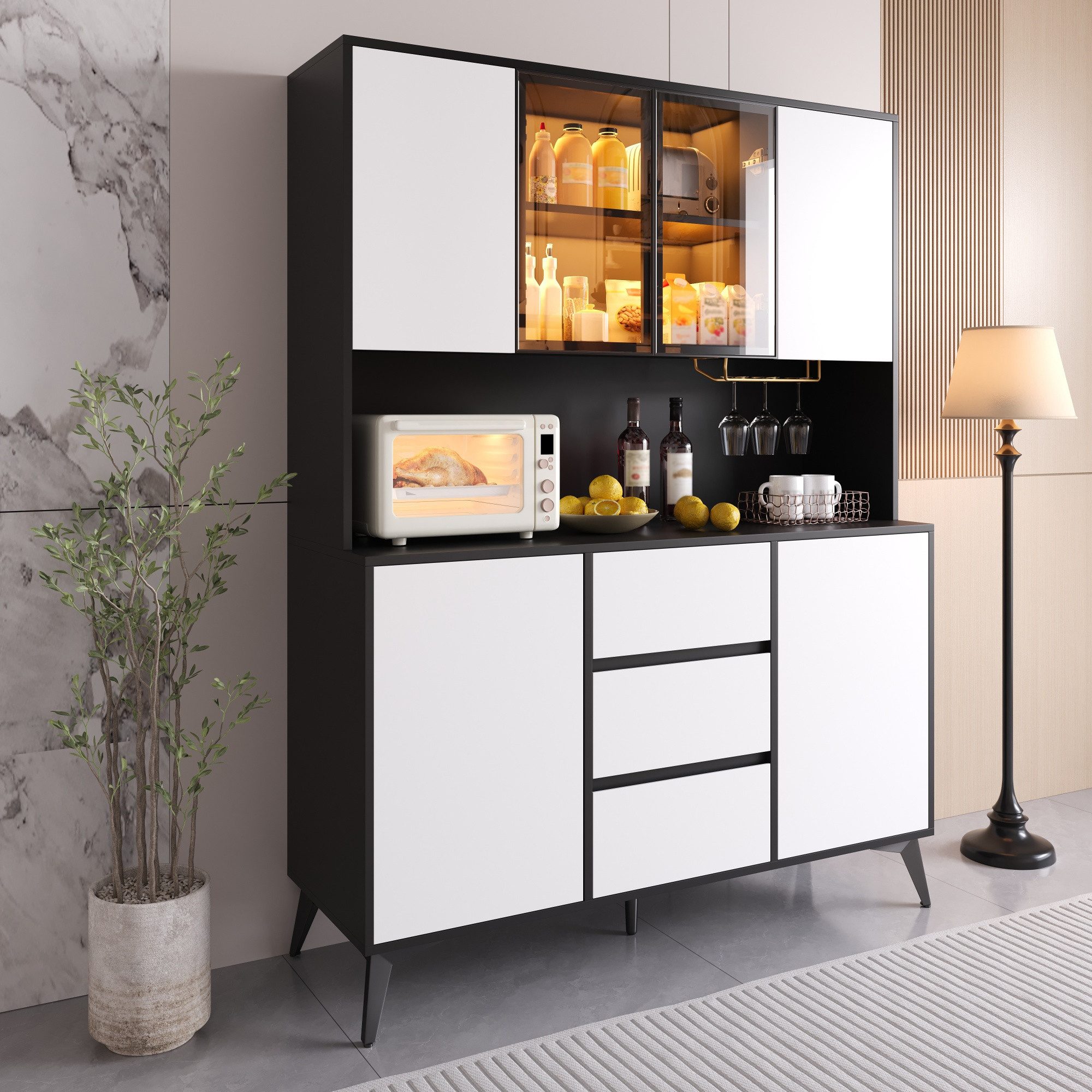 STILVORA Hochschrank Vitrine mit Glasfront Wohnzimmerschrank mit 3 Schubladen (Buffetschrank mit LED, Glastüren, Schubladen, MDF-Korpus, App-Steuerung, Gläserhalter, Dämpfscharniere, Eisenfüße) Für Küche, Esszimmer, Wohnzimmer, Kaffee- und Barbereich