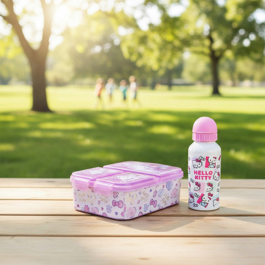 Hello Kitty Lunchbox Hello Kitty 2 tlg. Lunch Set 3 Kammer Brotdose Alu Trinkflasche 400 ml, (2-tlg., Spar-Set)