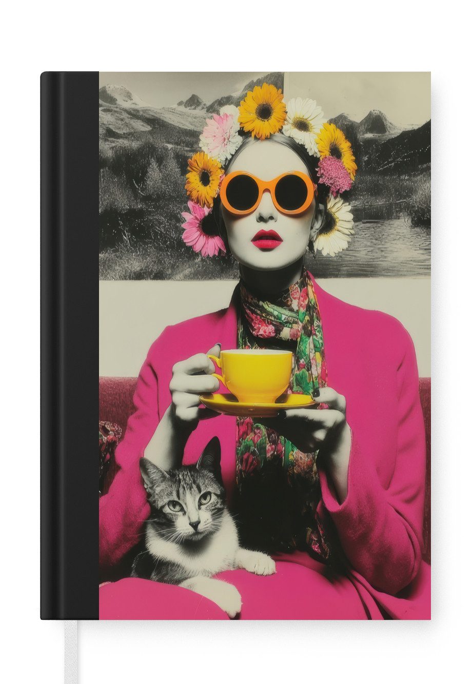 MuchoWow Notizbuch Frau - Katze - Blumen - Tasse - Retro, Notebook, Notizblock a5, Tagebuch, Journal Liniert