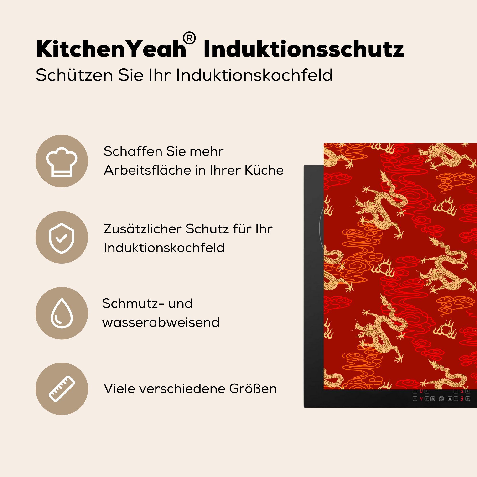 MuchoWow Herdblende-/Abdeckplatte Arbeitsplatte für küche rotem Drachen tlg), Vinyl, Muster Ceranfeldabdeckung, 78x78 Hintergrund, cm, (1 Orientalisches auf Chinesische