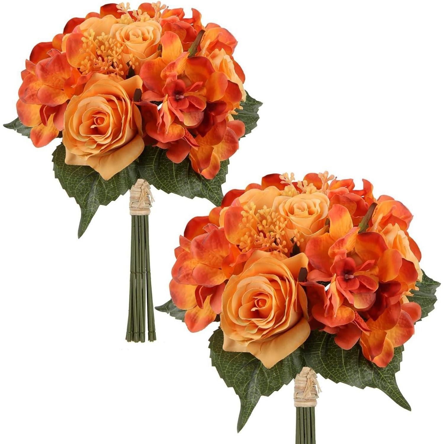 Kunstblumenstrauß Künstliche Blumenstrauß Hortensie Rosenbouquet, 2er Set 30cm Orange, LuxusKollektion, Höhe 10 cm