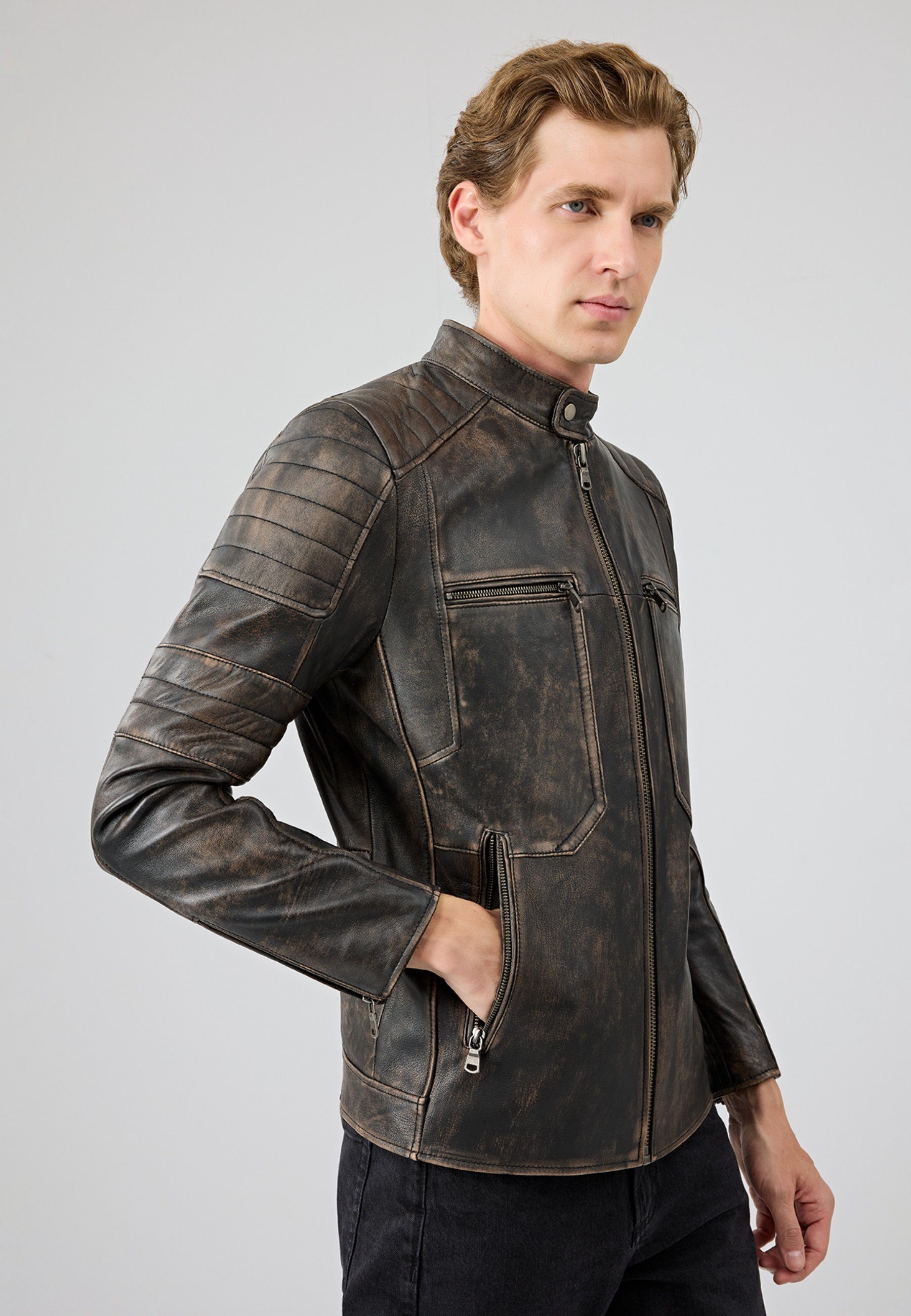 Derimod Lederjacke Morant Vintage Slim-Fit Lederjacke Slim Fit, Reißverschluss, Stehkragen, Kurz, Textilfutter