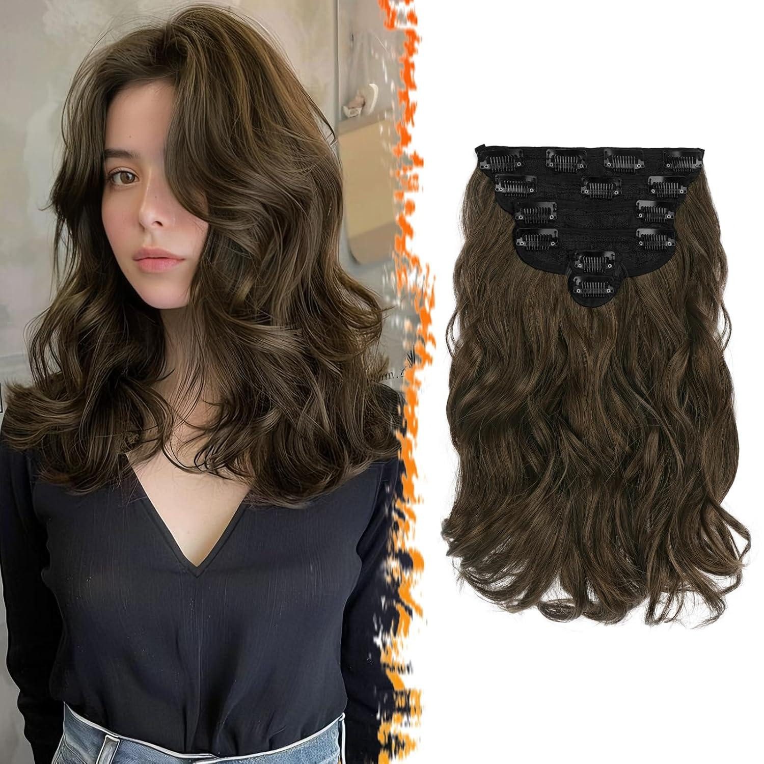 Kunsthaar-Extension Clip-In Haarverlängerungen Braun 30cm Wellige Extensions 6PCs