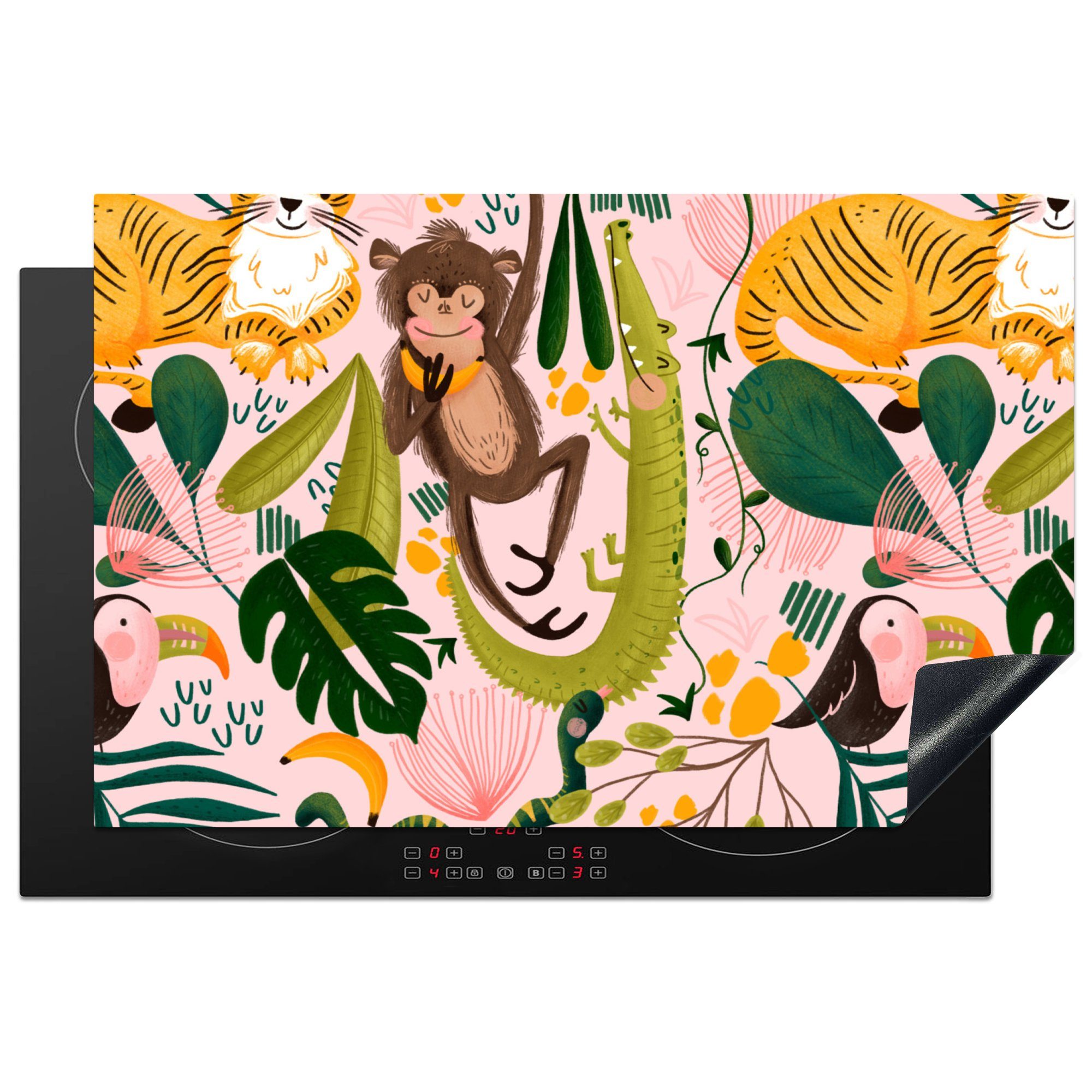 MuchoWow Herdblende-/Abdeckplatte Affen - Pflanzen - Dschungel - Rosa, Vinyl, (1 tlg), 81x52 cm, Induktionskochfeld Schutz für die küche, Ceranfeldabdeckung