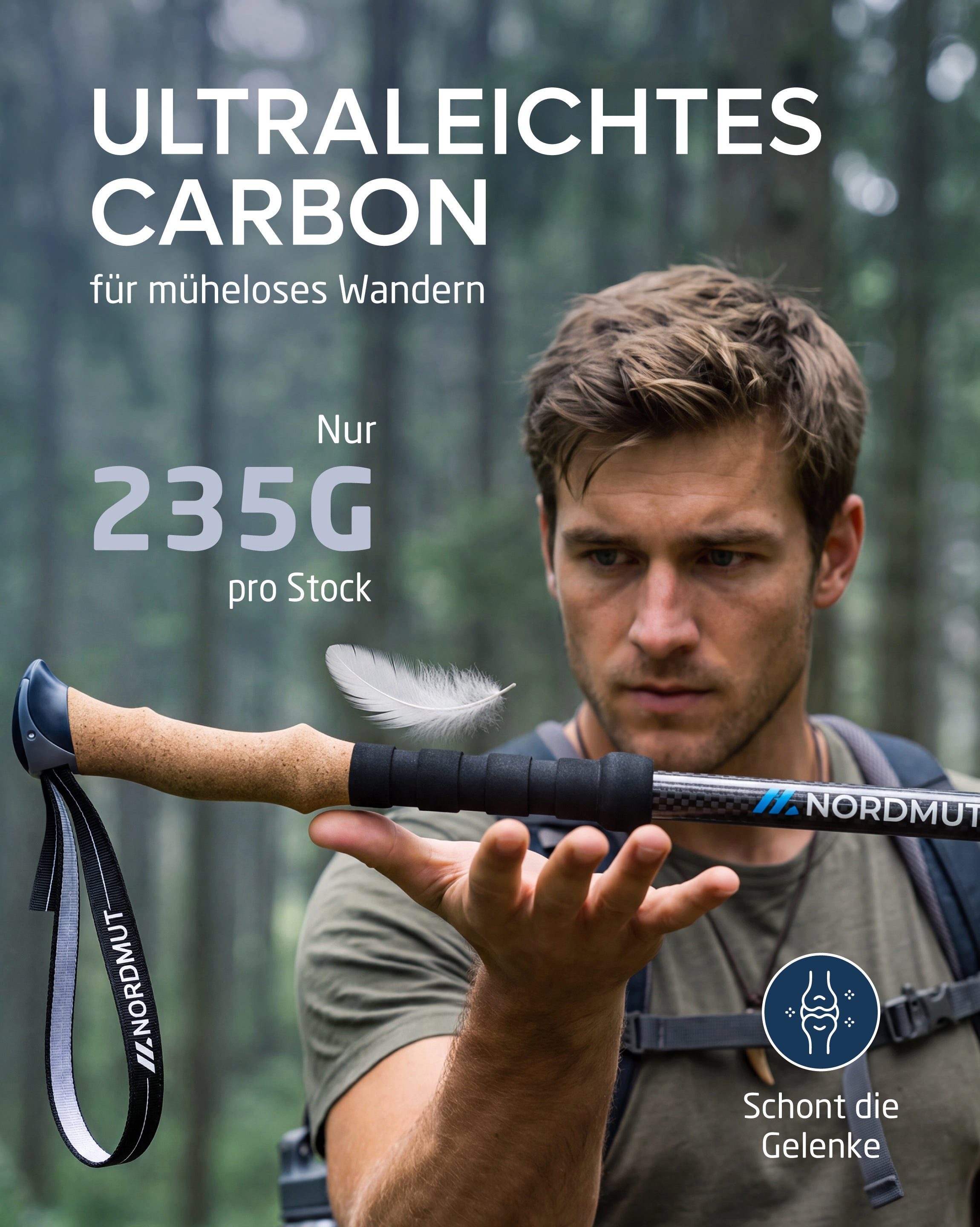 Nordmut Wanderstöcke Teleskop Trekkingstöcke, Nordic Walking Stöcke, Korkgriff, 65–135 cm (Set, 2 St., mit Tasche, Gummipuffern, Schnee- und Matschtellern), ult – Bild 4 von 5