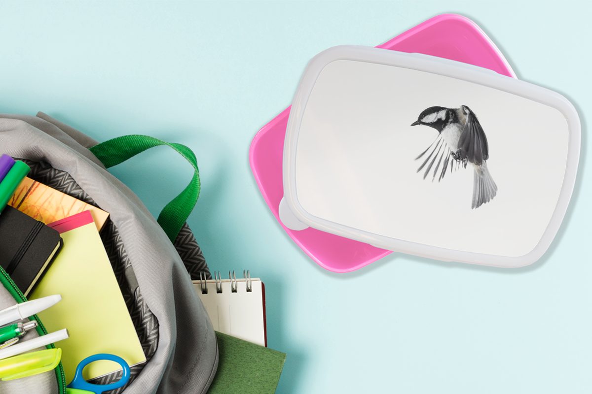 Mädchen, Federn Brotdose Vogel Schwarz - für Kunststoff, rosa Weiß, Lunchbox Brotbox Kunststoff Kinder, Snackbox, - - (2-tlg), MuchoWow Erwachsene,