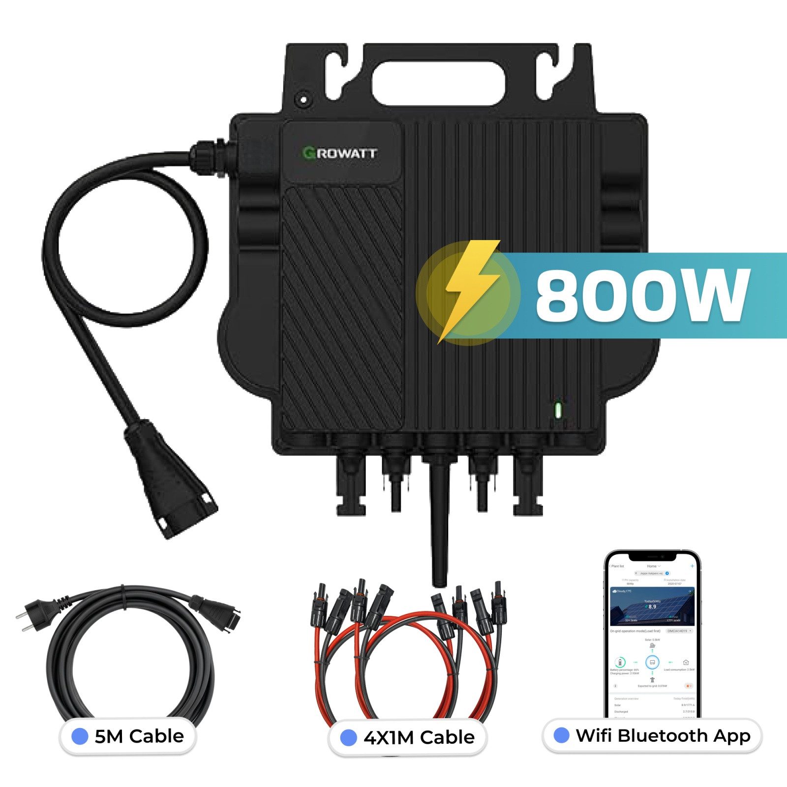 SUNNIVA Wechselrichter GROWATT Mikro-Wechselrichter 800 W NEO‑800M‑X, (für Balkonkraftwerk, IP67 wetterfest, Plug&Play Installation, 2 MPPT, WIFI Bluetooth, inkl.5m Anschlusskabel und 4x1m Solarkabel)