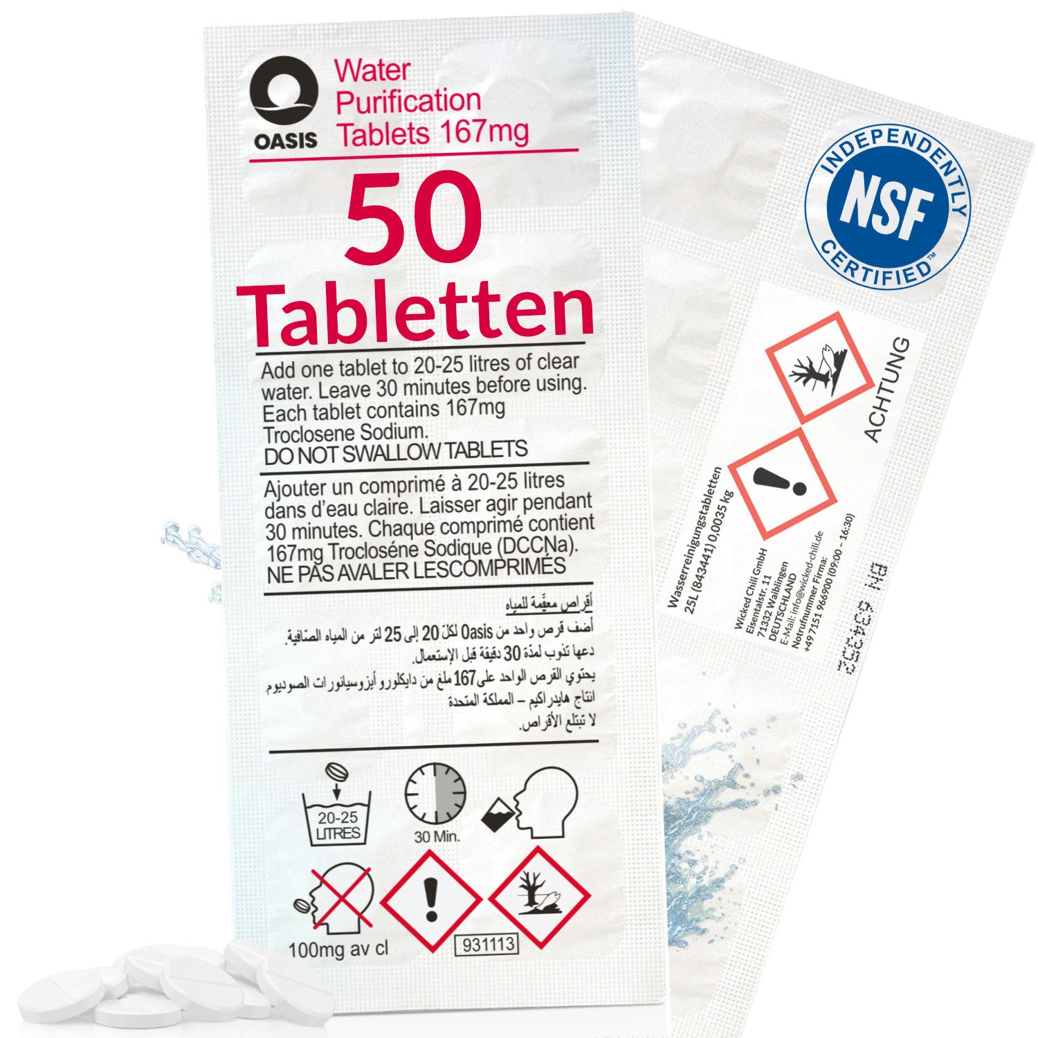 Wicked Chili Chlortabletten 50 Wasserreinigunstabletten für 1250 Liter Wasser, 50 Wasserreinigunstabletten für 1250 Liter Trinkwaser Notfall Vorsorge