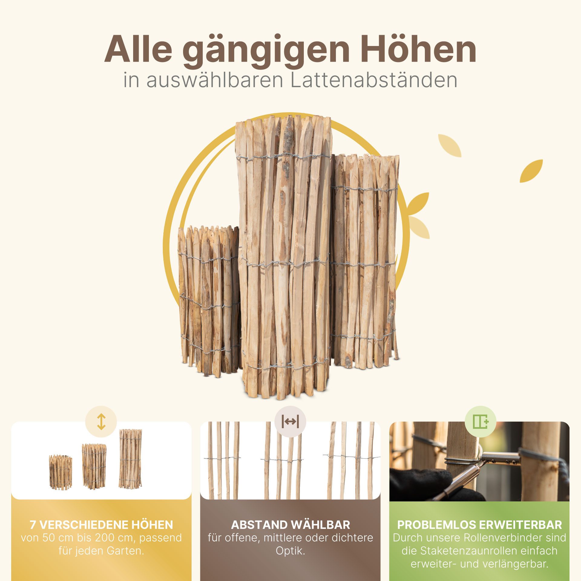 STILTREU Staketenzaun Franz. Premium Staketenzaun Kastanie 5 m, Höhe 50 cm, Abstand 6-7 cm