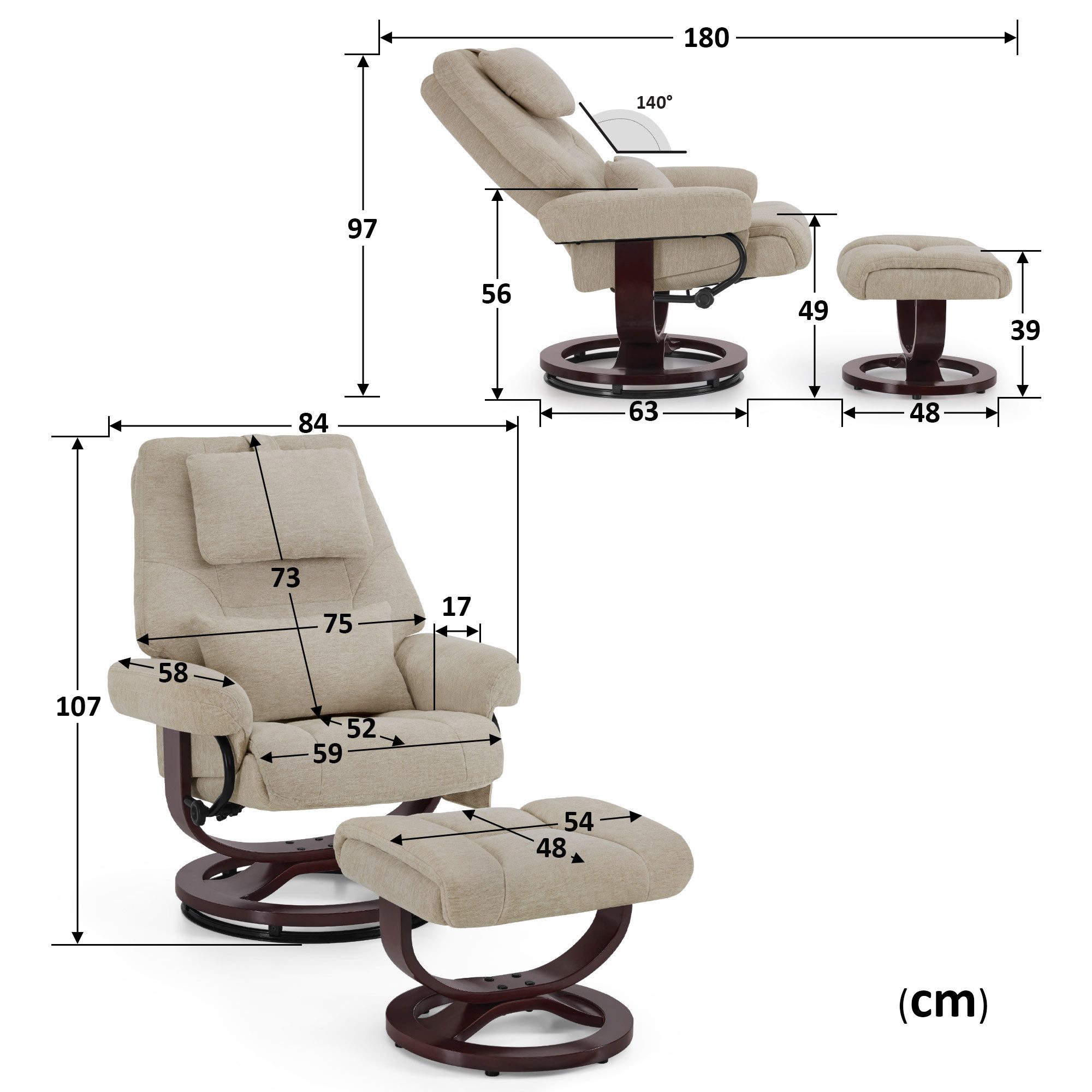 MCombo Relaxsessel Relaxsessel mit Liegefunktion, Lesesessel 9046, 360° Drehbarer Fernsehsessel mit Hocker, mit Liegefunktion