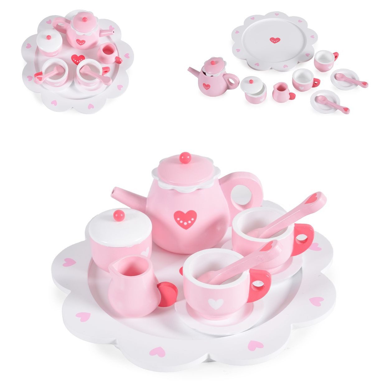 Moni Spielgeschirr Herz 005, Holz, 10-teilig, Kanne, Tassen, Untertassen, Löffel, Zuckerdose