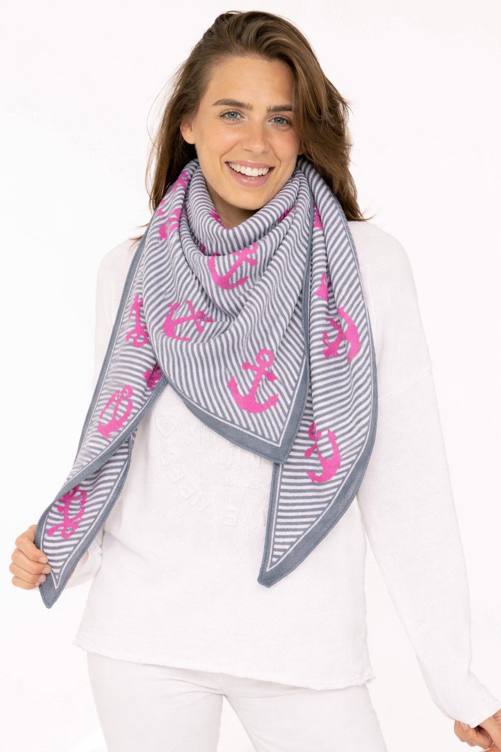 Zwillingsherz Dreieckstuch "Gestreifter Anker", maritimes Tuch mit pinken Ankern