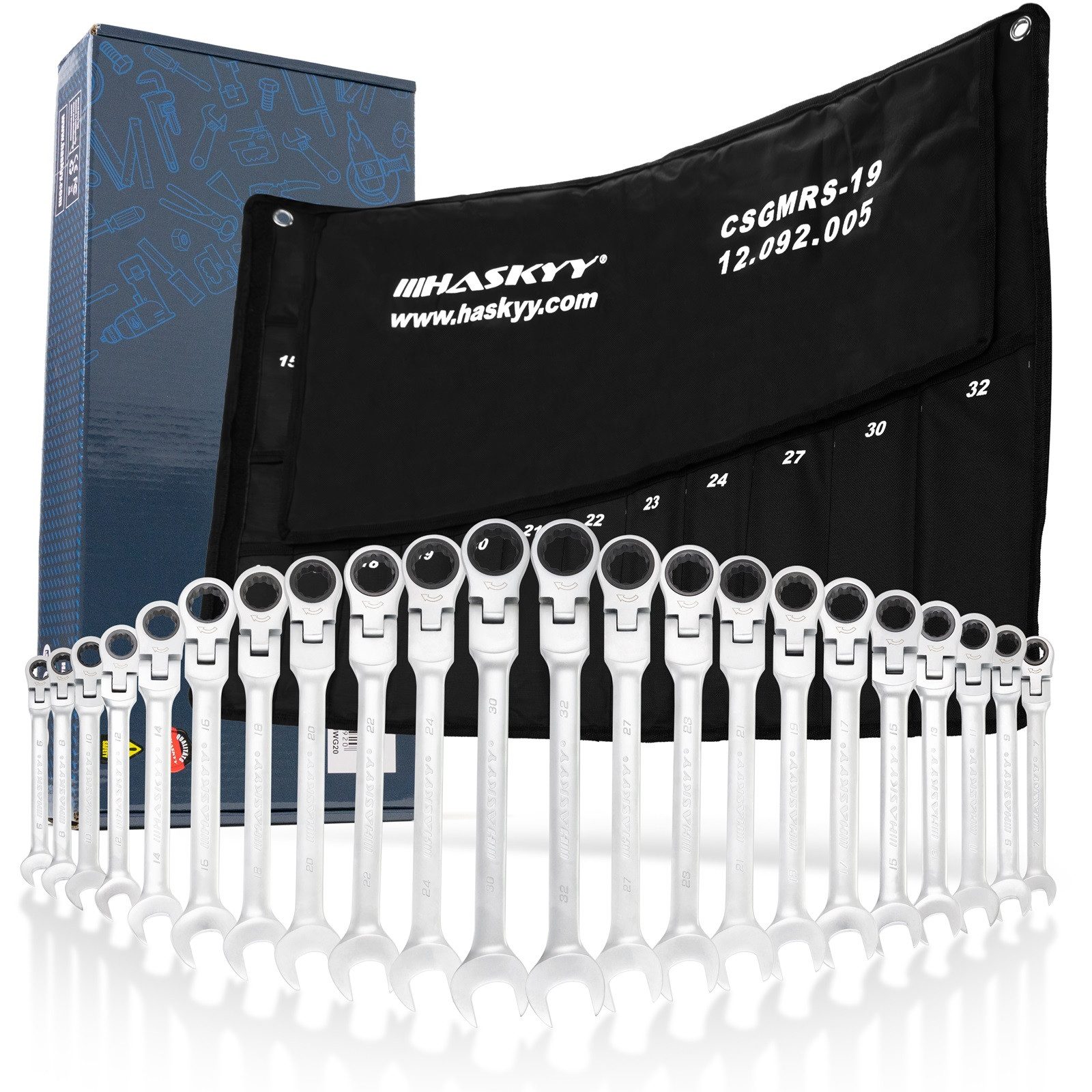 HASKYY Ratschenringschlüssel 22-Tlg Gelenk-Ratschenschlüssel Satz Set 6-32 mm Gabelschlüssel Ratsch