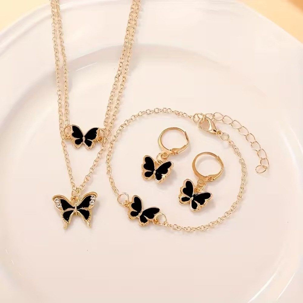 ILOKEN Ohrring und Ketten Set Vintage Schmetterling Schmuckset Gold Elegant Zirkonia Design (Schmuckset, 4-tlg., Halskette, Ohrringe, Armband), Vintage Schmetterling Schmuckset Gold mit Zirkonia elegant Set