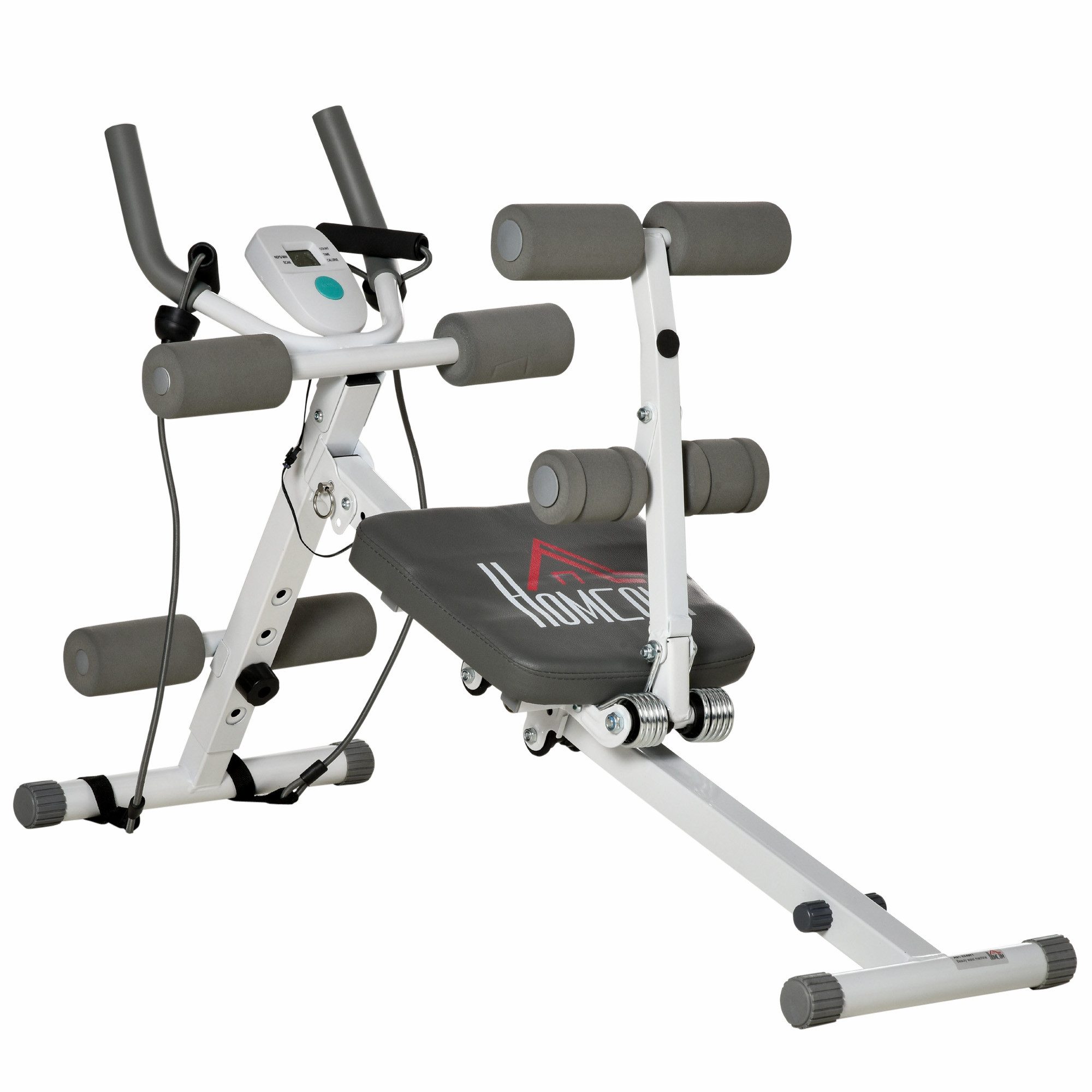 HOMCOM Bauchtrainer 2-in-1, mit Bauchmuskelbank, höhenverstellbar, mit LCD-Anzeige (Bauchtrainer, 1-St., Bauchmuskeltrainer), für Muskelaufbau, Fitness, belastbar bis100 kg, Stahl, Weiß+Grau