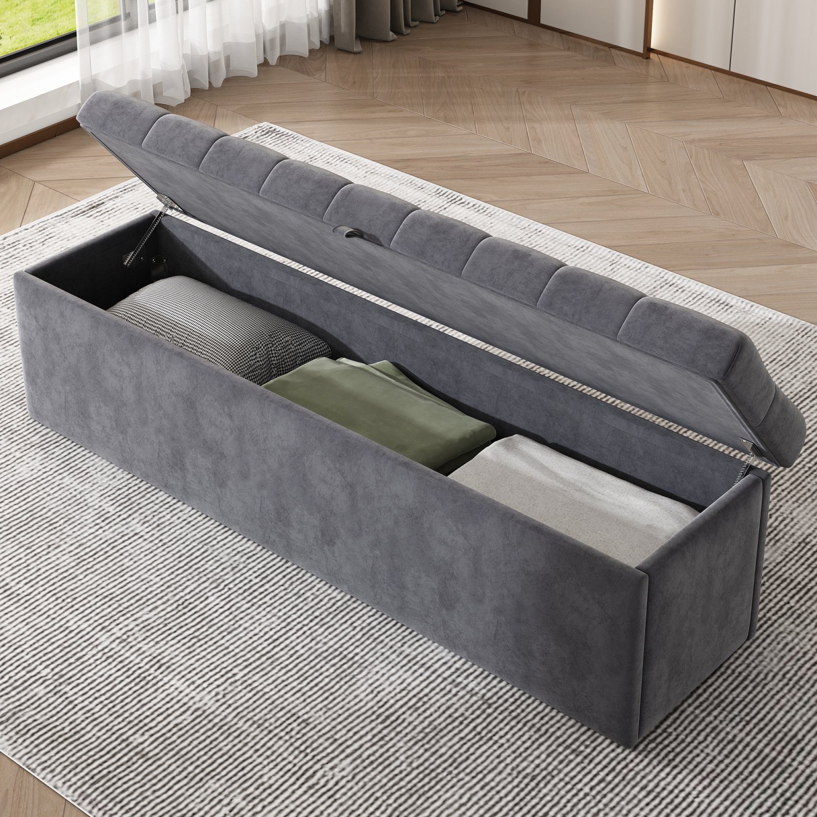 SEEZSSA Polsterbank Polsterbank Gepolsterte Sitzbank für Schlafzimmer,Garderobe, 138x41x42 cm Große Lagerkapazität Bank,Betthocker,mit Stauraum grau