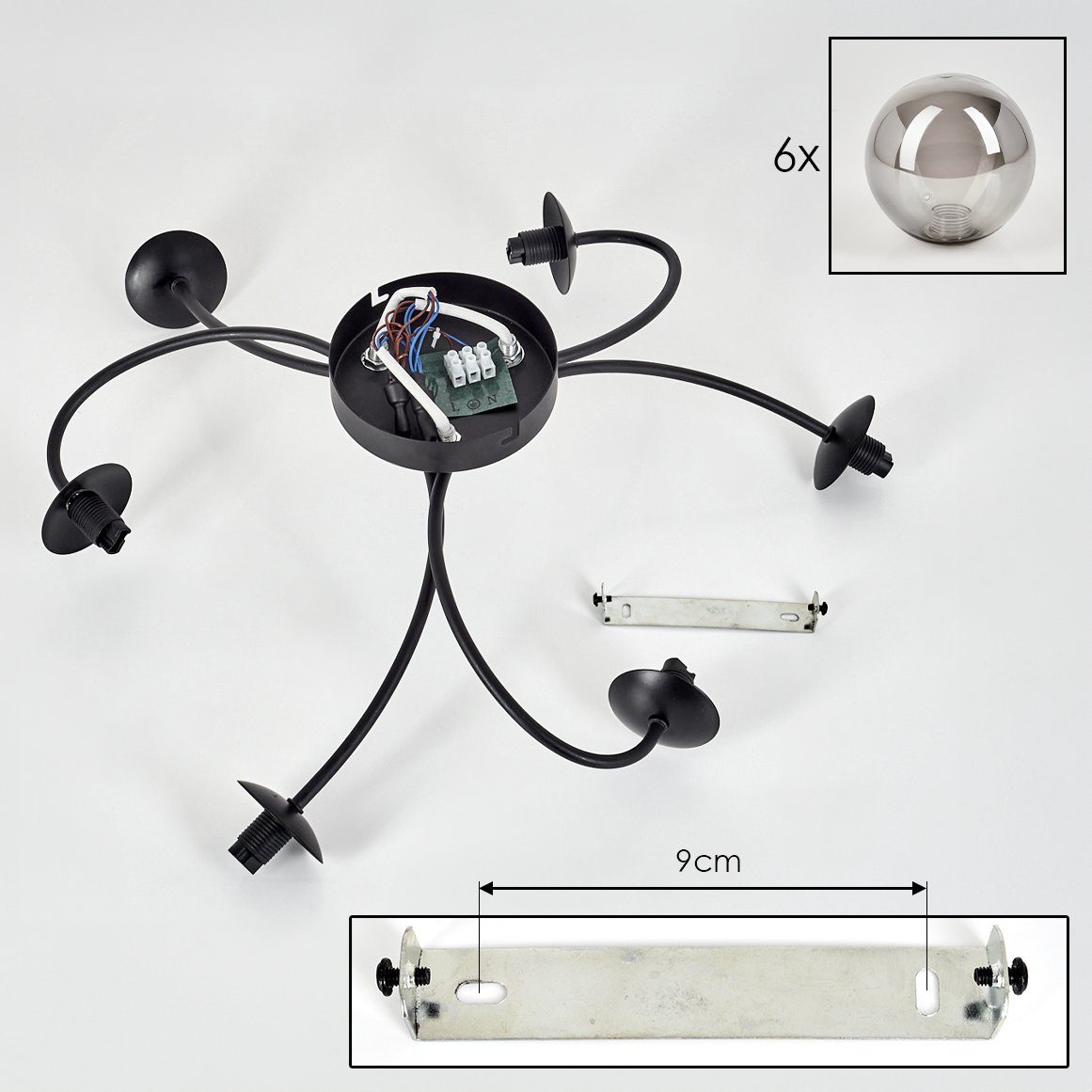 hofstein Deckenleuchte Deckenlampe aus Metall/Glas in Schwarz/Rauchfarben, ohne Leuchtmittel, Leuchte im Retro-Design aus Glas, 6 x G9 LED, ohne Leuchtmittel