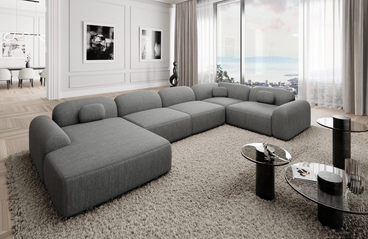 Sofa Dreams Wohnlandschaft Barcelona U Form Stoffsofa 6-Sitzer, Lounge Couch Strukturstoff Dunkelgrau Ottomane links