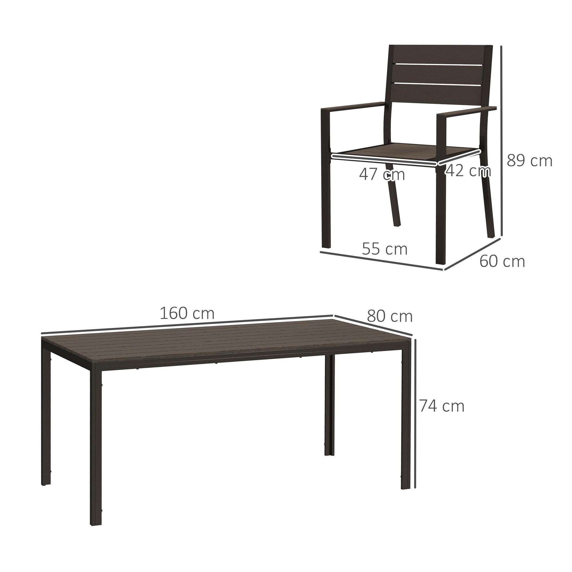 Outsunny Garten-Essgruppe mit 6 stapelbar Stühlen, geschlitzte Tisch, (Essgruppe für 6 Personen, 7-tlg., 7-teilig Sitzgruppe), für Terrasse, Balkon Dunkelbraun