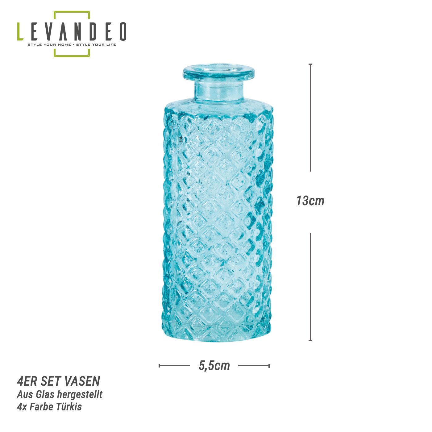 Levandeo® Dekovase, 4er Set Vase Türkis H13cm Glas Blumenvase Retro Tischde günstig online kaufen