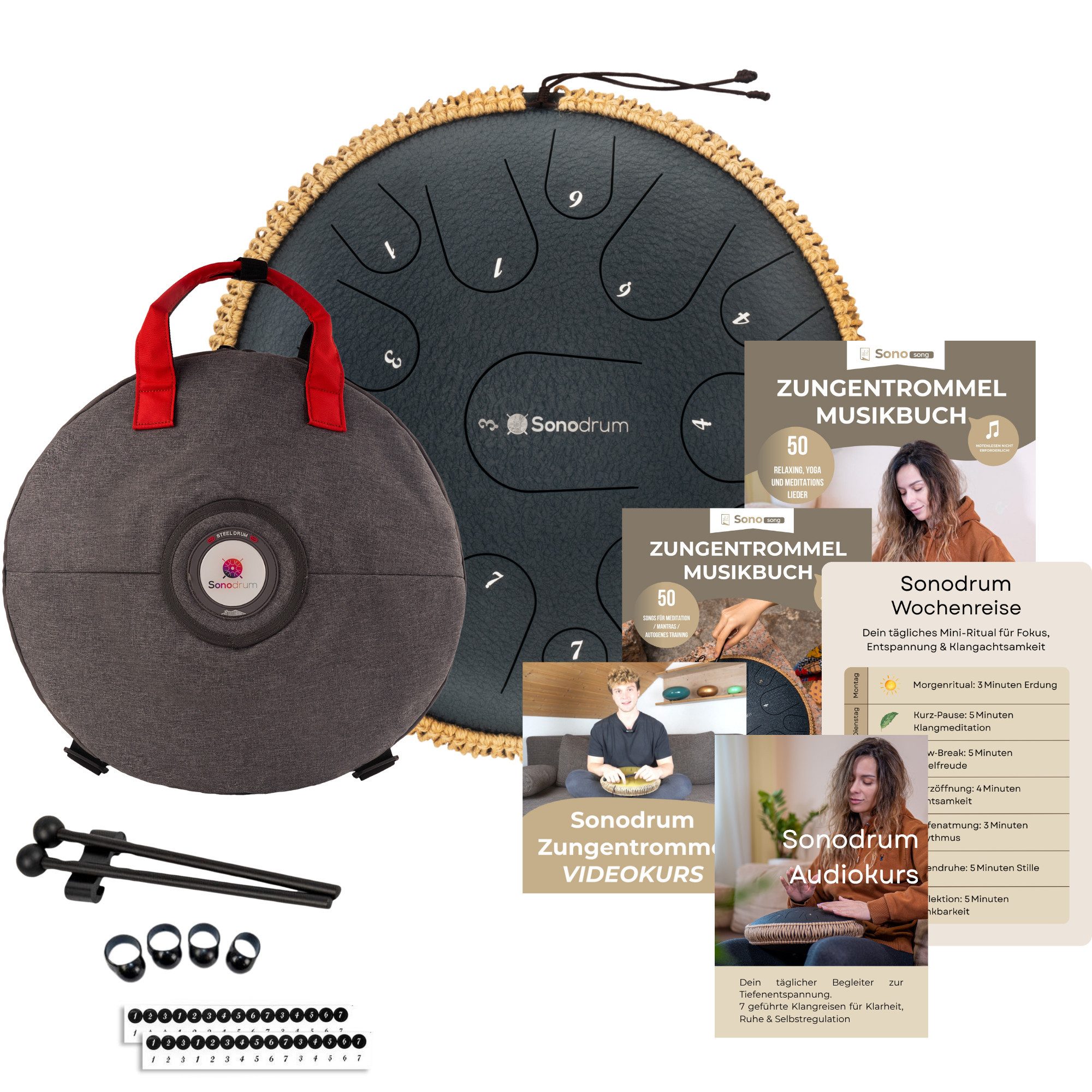 Sonodrum Steel Tongue Drum Premium,Entspannungs-Startet-Set, mit Tragetasche und Onlinekurs, 15 Töne in C-Dur, handgefertigt