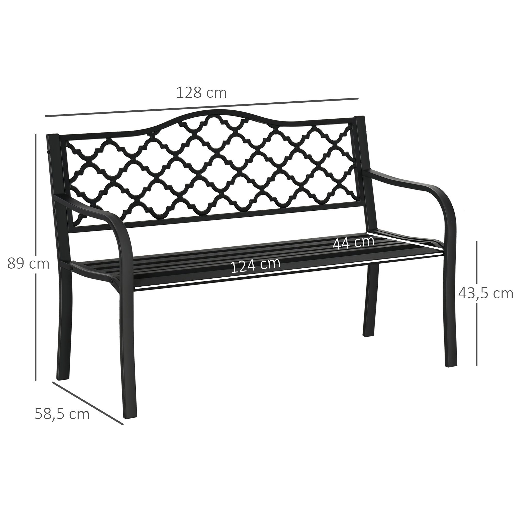 Outsunny Gartenbank aus Metall Sitzbank Bank Terrassenbank mit Rücken- & Armlehnen (Parkbank, 1-St., Gartenmöbel), bis 240 kg Gusseisen Schwarz 128 x 58,5 x 89 cm