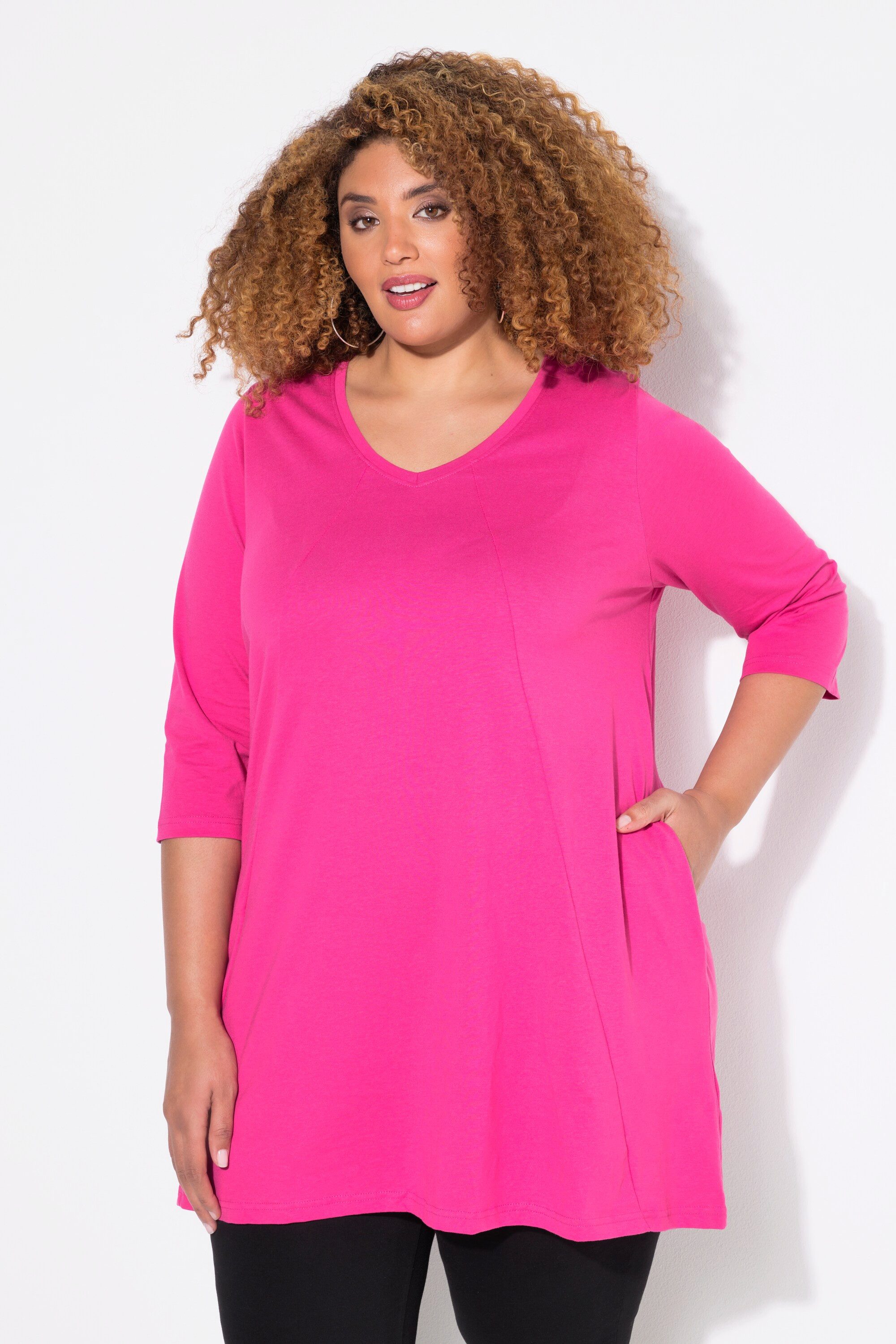 Ulla Popken Longshirt Longshirt Ziernähte A-Linie V-Ausschnitt 3/4-Arm