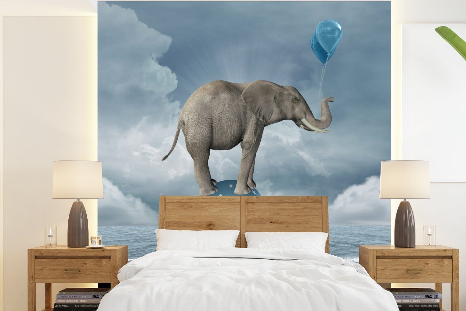 MuchoWow Fototapete Elefant - Luftballons - Fisch - Meer, Matt, bedruckt, (4 St), Vliestapete für Wohnzimmer Schlafzimmer Küche, Fototapete