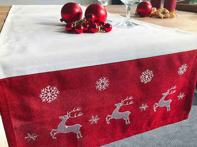 Libusch® Tischläufer Weihnachtstischläufer Kurt, rot-weiß, mit Elchen, 40x140 (1 Stk), mit weihnachtlichem Motiv / Wintermotiv