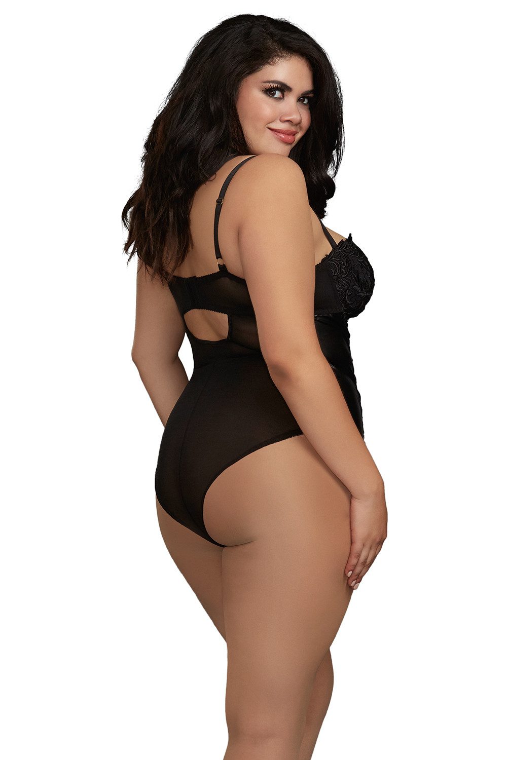 Dreamgirl Stringbody Plus Size Dessous Body aus Spitze und Kunstleder schwarz mit Bügelcups