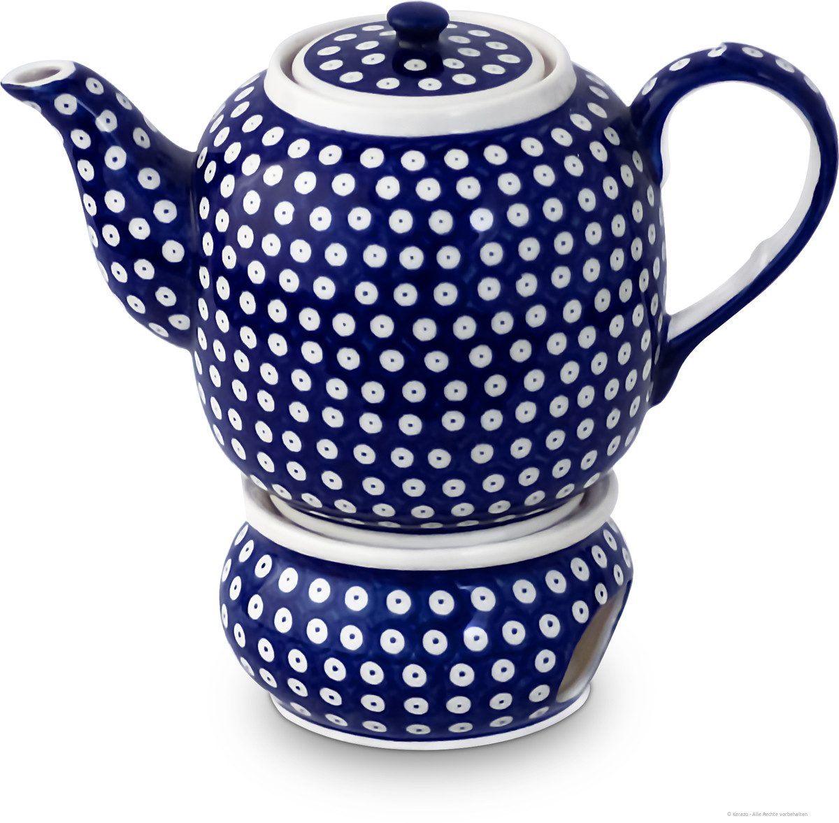 Bunzlauer Keramik Teekanne 1,5L Teekanne mit Stövchen – Zeitlos, kompakt-bauchige Form, Dekor 42, 1,50 l