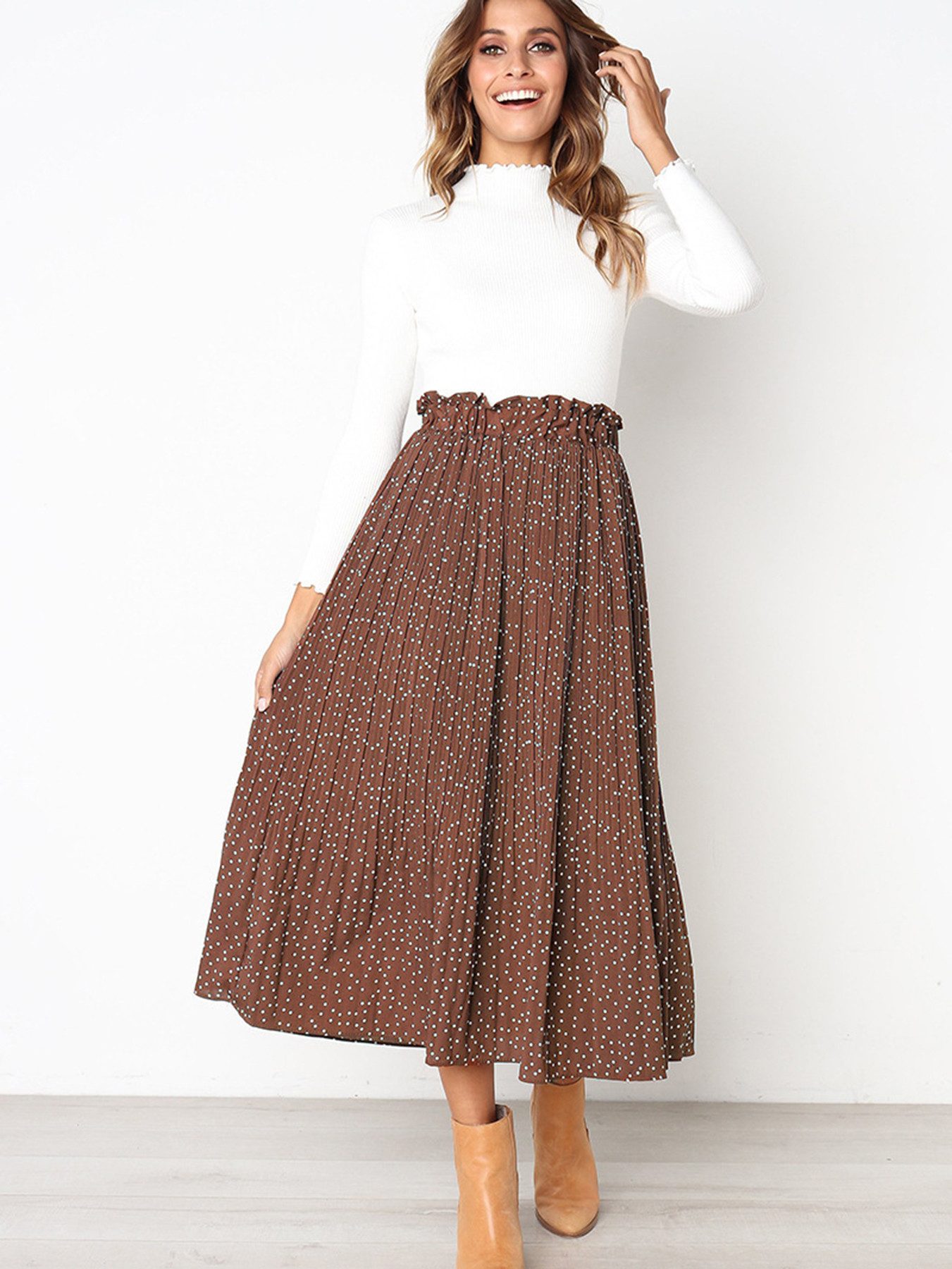 Midirock Damen Faltenrock mit hoher Taille Swing A-Linie Strand Maxirock
