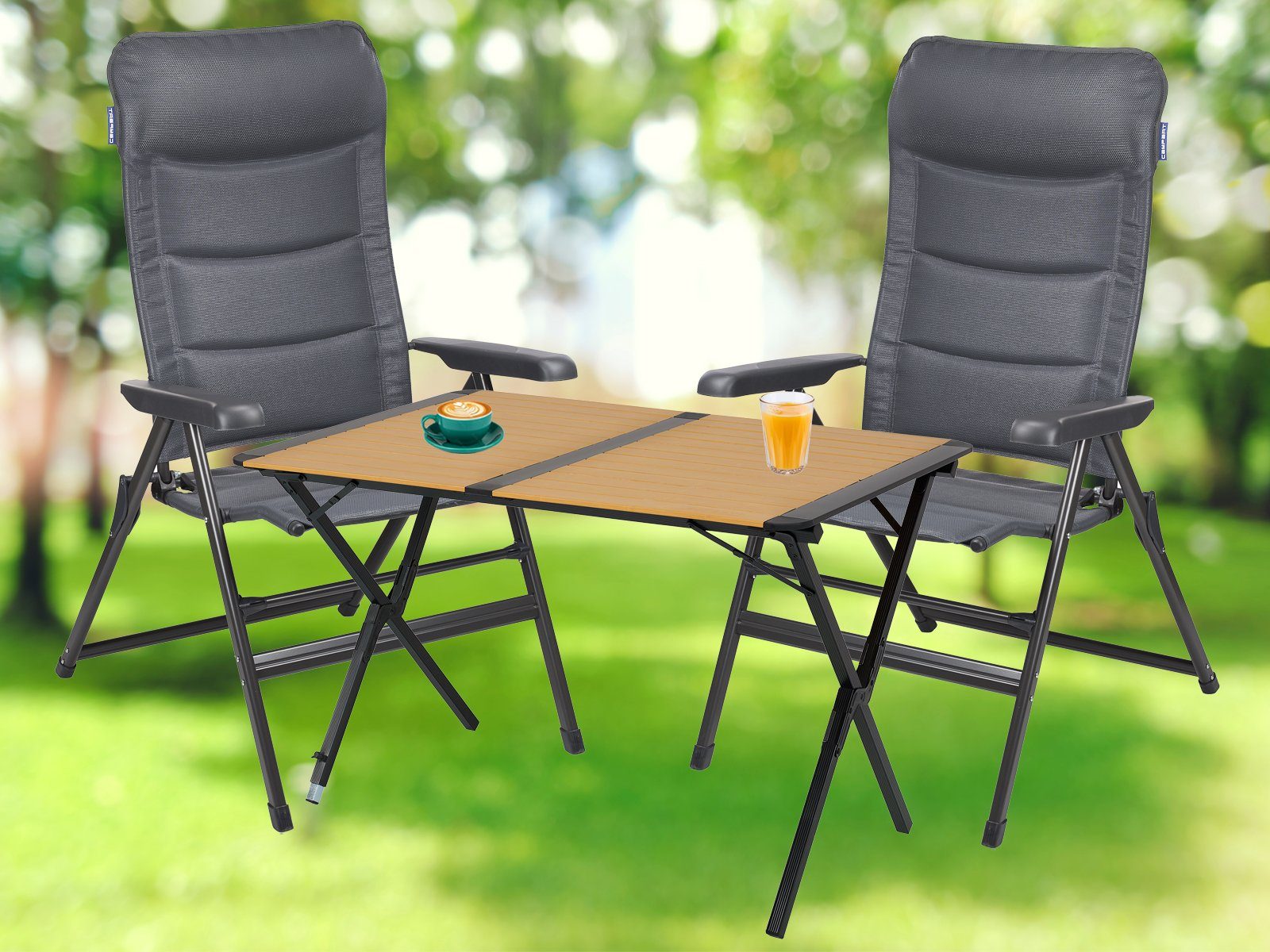 Setpoint Campingstuhl, Campingtisch mit 2 Stühlen Hochlehner klappbar  Outdoor-Tisch Rolltisch, Gartentisch Bambusoptik