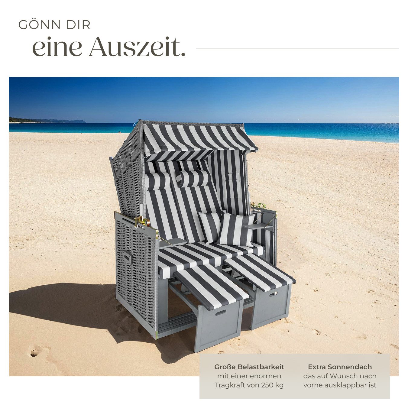 tectake Strandkorb 2-Sitzer mit Polster, verstellbar, inkl. Schutzhülle, gepolstert mit ausziehbaren Fußbänkchen