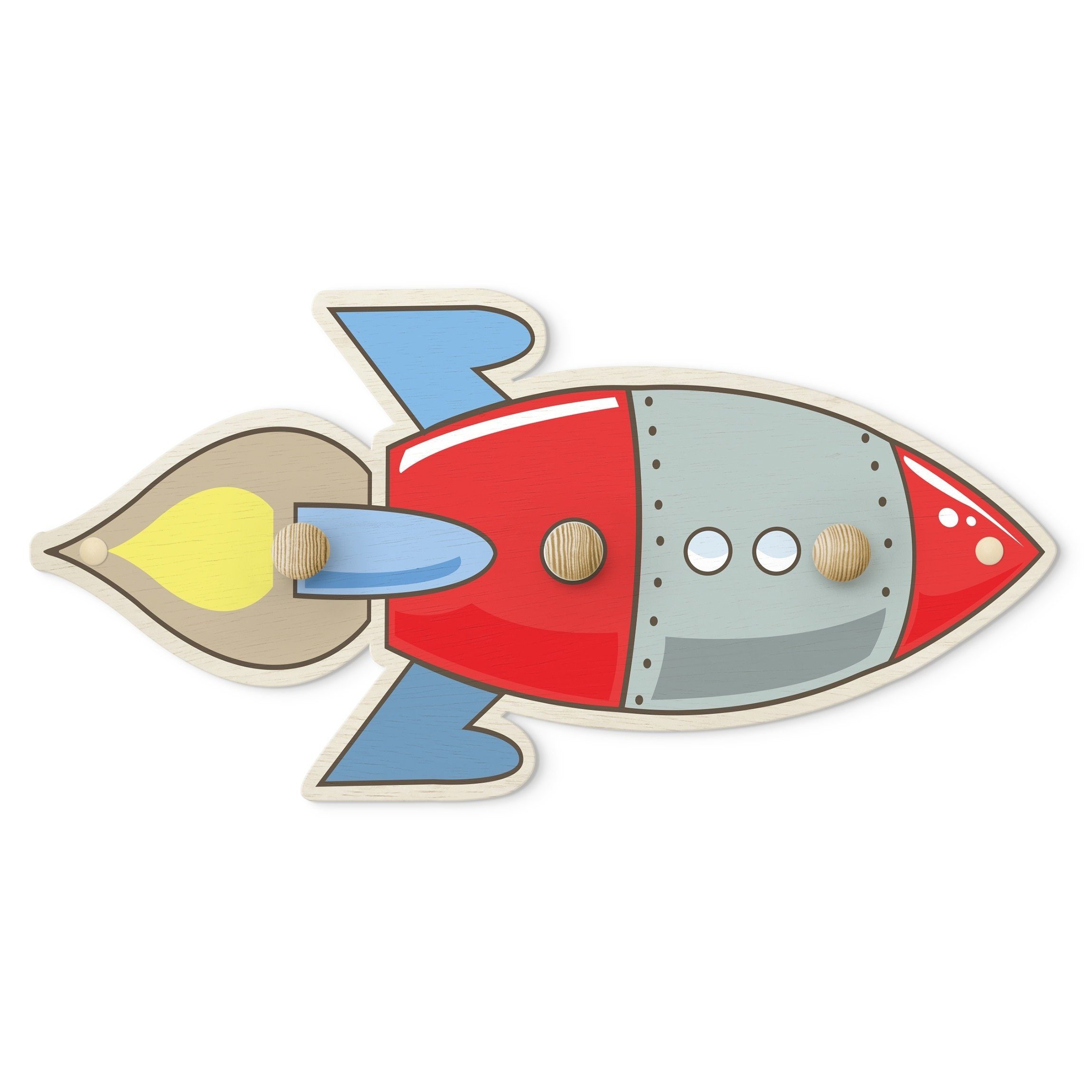 Bilderdepot24 Garderobenpaneel bunt Illustration Rakete rot blau (Kindergarderobe holz Kleiderhaken für die Wand inkl. Montagematerial), moderne Wand Garderobenleiste Flur - kleine Hakenleiste Kinderzimmer
